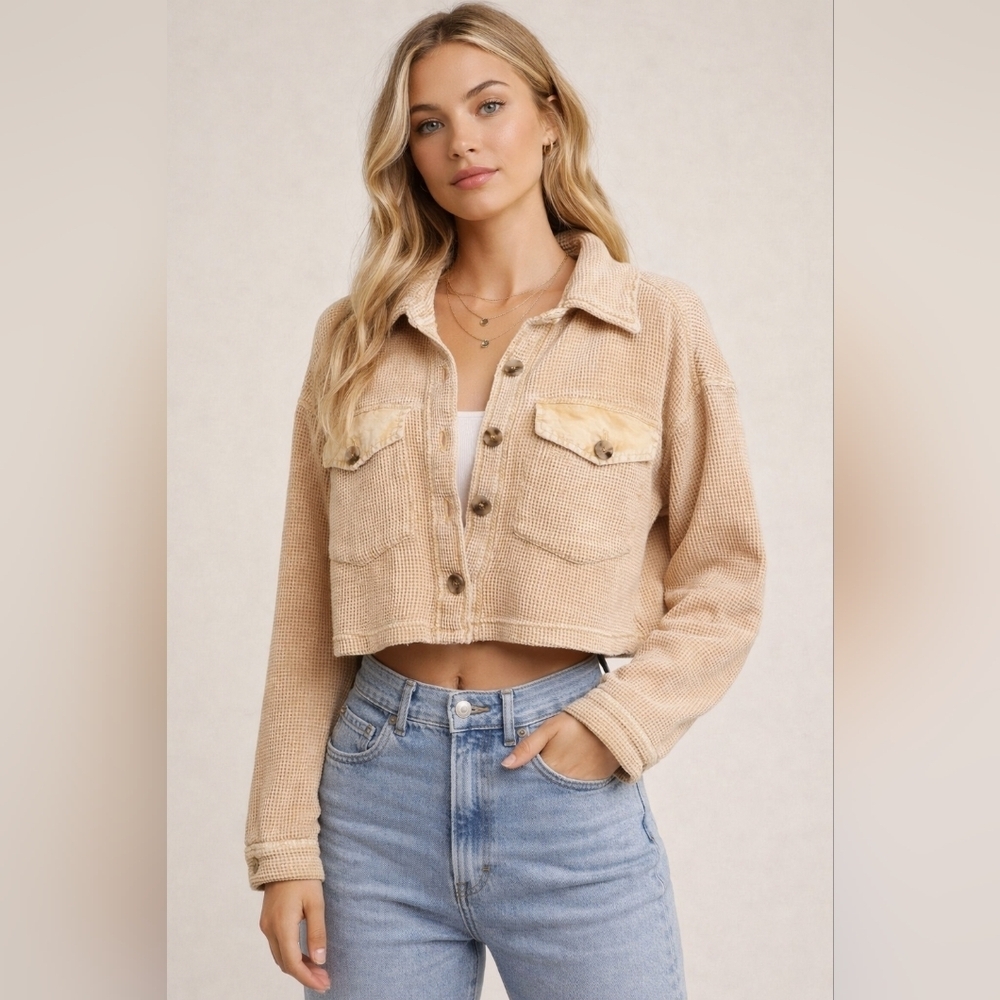 BAGATELLE COLLECTION Golden Yellow Cropped Waffle Knit Jacket 100% Cotton